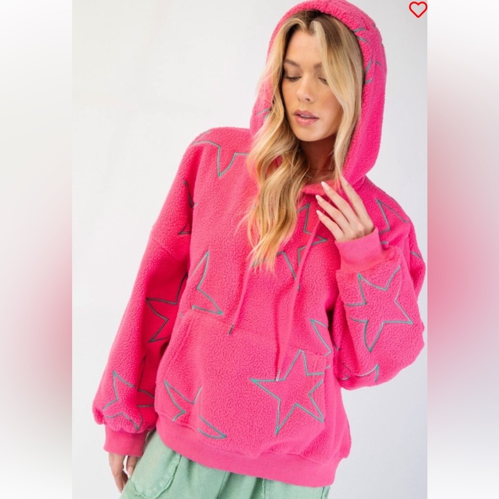 easel Hot Pink Sherpa Hoodie with Star Stitching